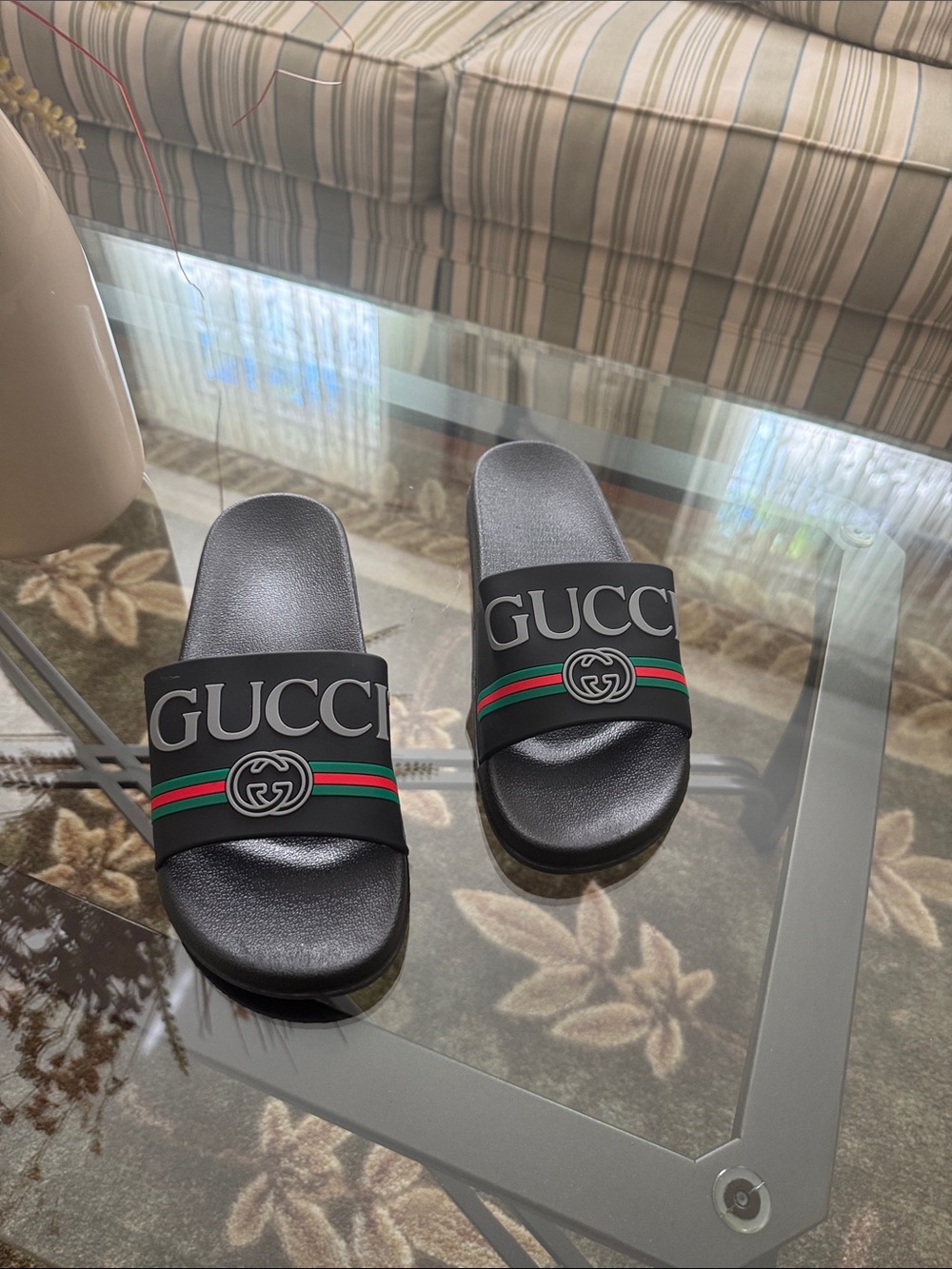 Black Slides with Green-Red Web Stripe
